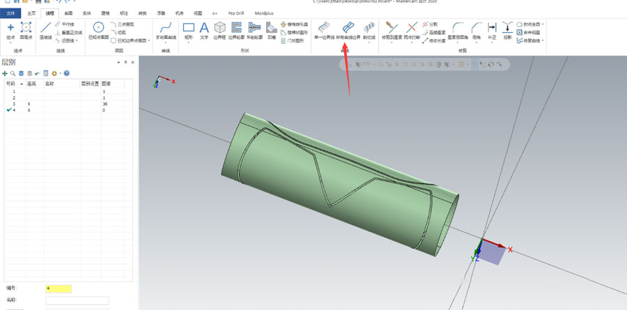 Establiu la capa 4 i extreu totes les línies límit de la superfície. Preste atenció al mode 3D.